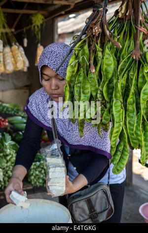 Jimbaran, Bali, Indonésie. L'achat de femme à côté de fromage Petai, ou Pete, Haricots, également connu sous le nom de haricots fèves puantes, Amer, ou Korbach Banque D'Images