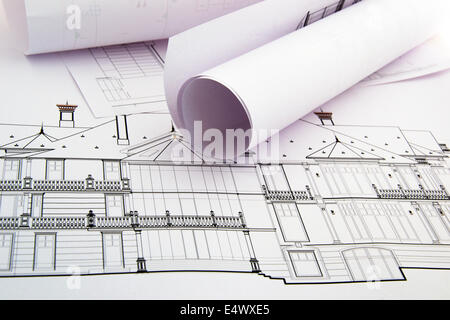 Les dessins architecturaux du bâtiment à l'état non plié Banque D'Images