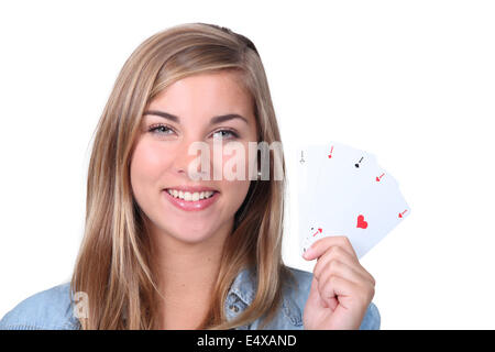 Portrait d'une jeune femme avec des cartes Banque D'Images