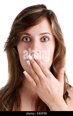 Femme choqué couvrant sa bouche Banque D'Images