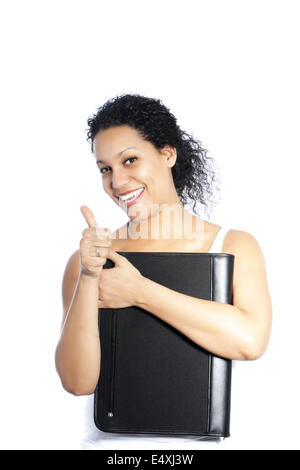 Femme heureuse de donner un coup de pouce Banque D'Images