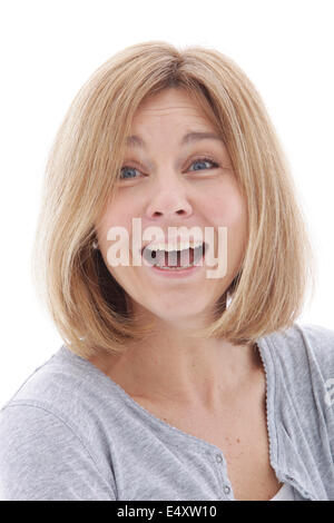 Laughing woman avec une expression surprise Banque D'Images