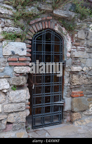 Grille de porte dans un vieux mur de briques. Banque D'Images