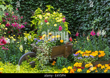 Détail du jardin y compris une brouette dans le jardin public à Pollok House, Glasgow, Glasgow, Écosse, Royaume-Uni Banque D'Images