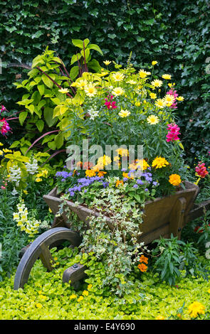 Détail du jardin y compris une brouette dans le jardin public à Pollok House, Glasgow, Glasgow, Écosse, Royaume-Uni Banque D'Images