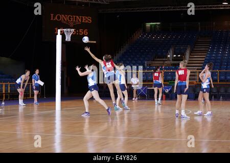 Scottish Exhibition and Conference Centre (SECC), Glasgow, Écosse, Royaume-Uni, jeudi, 17 juillet 2014. Entraînement de l'équipe écossaise sur le site du concours Netball des Jeux du Commonwealth 2014 Banque D'Images