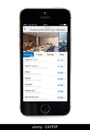 Trivago app, l'outil de comparaison de prix de l'hôtel, sur un Apple iPhone 5S Banque D'Images