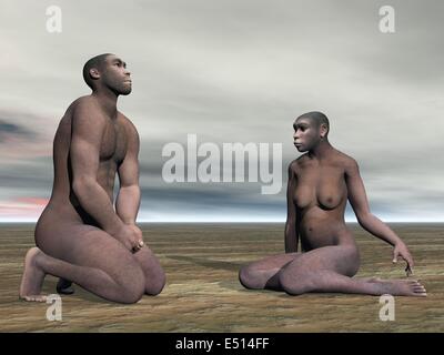 Couple Homo erectus- 3D render Banque D'Images