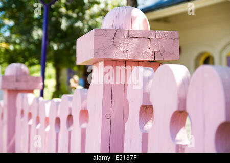 Clôture rose en banlieue de fary tale comme propriété avec sa façade jaune et arbres gourgeous Banque D'Images