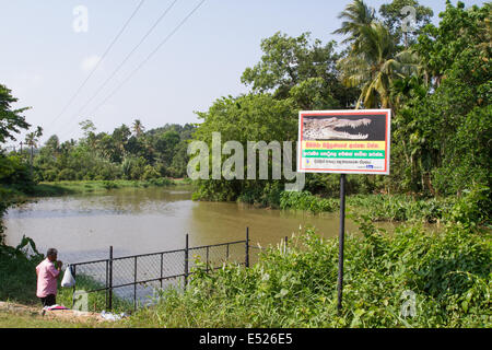 Panneau d'avertissement de danger Sécurité Crocodile près de Nilwala ganga (rivière), de Matara, au Sri Lanka. Banque D'Images