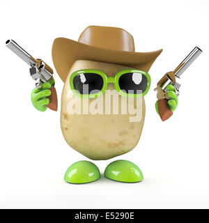 Le rendu 3D d'une pomme de terre habillé en cow-boy holding two guns Banque D'Images