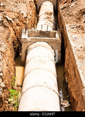 La construction d'un tuyau de drainage de préparation. Pendant l'excavation du sol. Banque D'Images