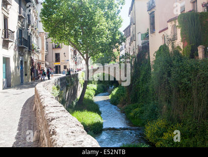 Bâtiments historiques sur la Carrera del Darro et vieux pont sur le Rio Darro, Granada, Espagne Banque D'Images