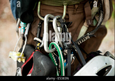 L'équipement du grimpeur se bloque à partir d'un harnais d'escalade. Le Squamish Stawamus Chief, BC, Canada. Banque D'Images