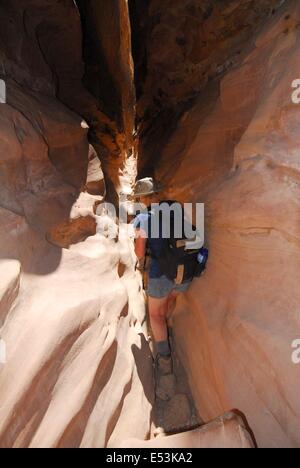 Senior citizen escalade dans la fente du canyon. Banque D'Images