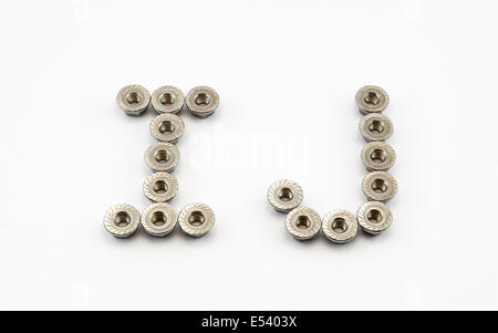 I et J'Alphabet, créé par les écrous à embase hexagonale en acier inoxydable. Banque D'Images