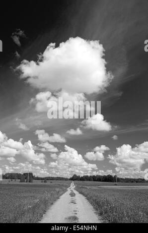 Route de gravier rural avec ciel nuages en noir et blanc . La photographie noir et blanc Banque D'Images