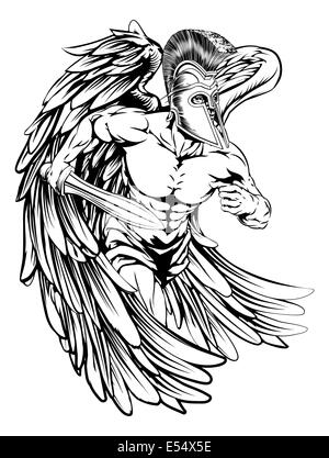Une illustration d'un ange guerrier ou caractère mascot sport dans un cheval de troie ou casque style spartiate tenant une épée Banque D'Images
