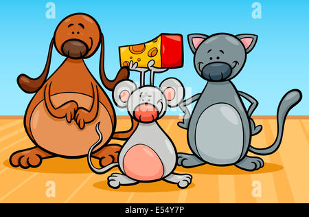 Cartoon Illustration de mignon chien chat et souris Personnages Animaux Banque D'Images