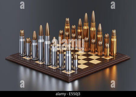 Le rendu 3D de champ de bataille de balles sur table d'échecs sur le contexte d'une réflexion Banque D'Images