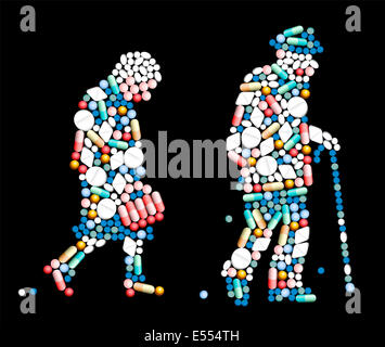 Comprimés, comprimés et capsules, que la silhouette d'une vieille femme et un vieil homme. Banque D'Images