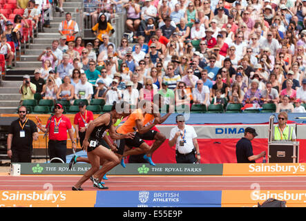 Concurrents juste après le départ de la mens 110 mètres haies une course à l'anniversaire de Sainsbury's Horse Guards Parade, Jeux Siunday 20 juin 2014. Ryan Wilson, de l'USA wnt sur pour gagner la course avec un temps de 13.24s Banque D'Images