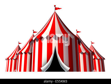 Tente de cirque comme élément de conception d'un groupe de big top carnival tentes avec une entrée d'ouverture comme un divertissement amusant icône pour une célébration théâtrale ou de la partie isolée du festival sur un fond blanc. Banque D'Images