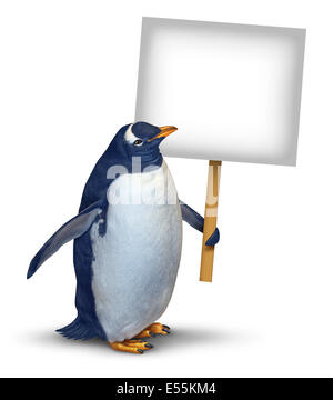 Penguin tenant une carte vierge signe comme un mignon petit oiseau polaire avec un sourire heureux expression le soutien et la communication d'un message concernant le bien-être des animaux et de la faune sur un fond blanc. Banque D'Images