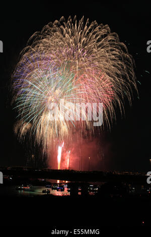 Tokyo, Japon. 19 juillet, 2014. Le festival annuel de feux d'artifice Adachi affiche environ 12 mille fusées bouteille le long de la rivière Arakawa le 19 juillet 2014. La saison d'artifice à Tokyo est ouverte par ce festival. © Rodrigo Reyes Marin/AFLO/Alamy Live News Banque D'Images