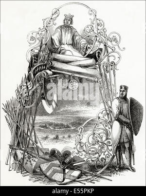Illustration représentant le roi Jean, les Barons féodaux & Magna Carta en 1215. La gravure sur bois victorien circa 1845. Banque D'Images