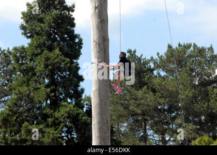 Powys, Pays de Galles, Royaume-Uni. 22 juillet, 2014. L'escalade de poteaux gallois Championships au Royal Welsh Show, Builth Wells Powys. Championnats de l'escalade de poteaux gallois Royal Welsh Show 2014. Course des concurrents en place d'un pôle de 80 pieds en 15 secondes ! La plupart des concurrents sont des travailleurs forestiers, mais il y a un constructeur et vechilce technicien qui sont également en concurrence. Credit : Barry Bullough/Alamy Live News Banque D'Images