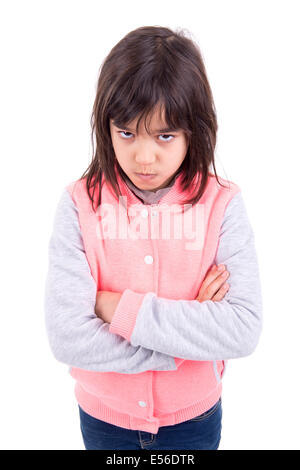 Angry young girl making faces isolées dans White Banque D'Images