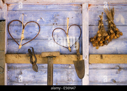Stick coeur formes et de vieux outils de jardin à l'intérieur de l'époque victorienne de rempotage à Harlow Carr, en Angleterre, de l'ERS Banque D'Images