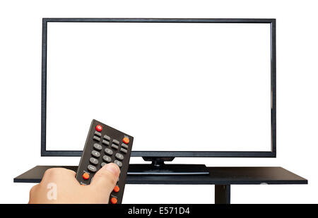 Hand holding TV remote control isolated on white Banque D'Images