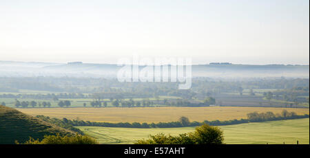 Tôt le matin du brouillard au sol se trouvant au-dessus des champs dans la vallée de Pewsey, près de Alton Barnes, Wiltshire, Angleterre Banque D'Images