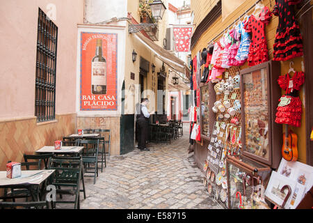 Boutiques de souvenirs avec café et bar en terrasse dans la rue, quartier Santa Cruz de Séville - Séville, Espagne Banque D'Images