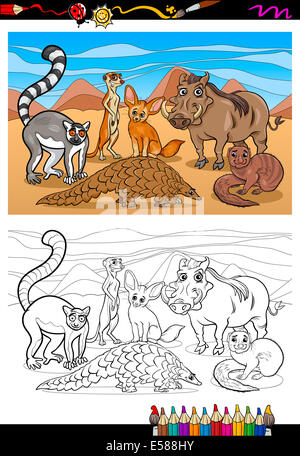 Livre de coloriage ou une page de bande dessinée de vulgarisation du noir et blanc animaux mammifères africains drôles pour les enfants groupe de caractères Banque D'Images