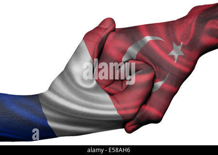 Poignée de main entre diplomatique Pays : drapeaux de la France et la Turquie surimprimées les deux mains Banque D'Images