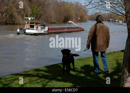 AJAXNETPHOTO.BOUGIVAL,FRANCE-VOIES NAVIGABLES INTÉRIEURES - FRET-UN PASSANT PAR DES ARRÊTS POUR REGARDER UNE PENICHE SUR LA SEINE.PHOTO:JONATHAN EASTLAND/AJAX REF:R60204 217 Banque D'Images