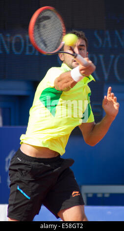 Umag, Croatie. 22 juillet, 2014. Joueur de tennis croate Marin Cilic est de frapper un coup droit à l'Open 2014 Vegetea à Umag Croatie. Il remporte son deuxième match 7-5 6-4 contre Igor Sijsling (NED). Credit : Janine Lang/Alamy Live News Banque D'Images