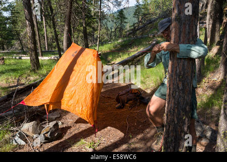 Reinsegnements sur la mise en place d'une bâche à son camp dans la montagnes Wallowa, Oregon. Banque D'Images