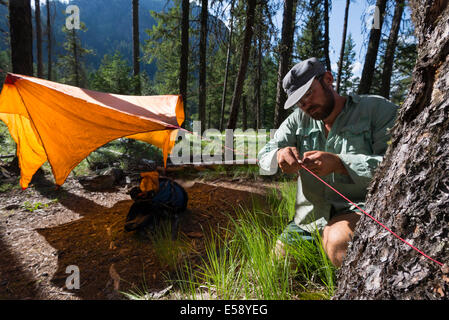 Reinsegnements sur la mise en place d'une bâche à son camp dans la montagnes Wallowa, Oregon. Banque D'Images