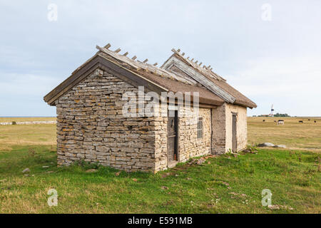 Vieille maison sur une colline dans un pré Banque D'Images