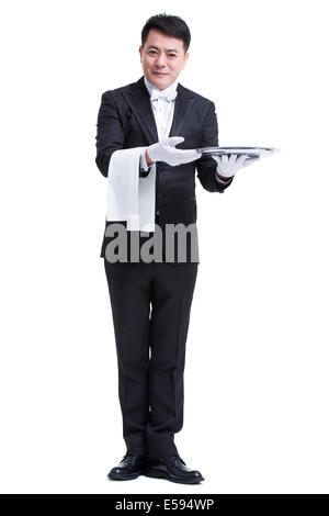 Happy waiter avec plateau de service Banque D'Images