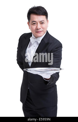 Happy waiter avec plateau de service Banque D'Images