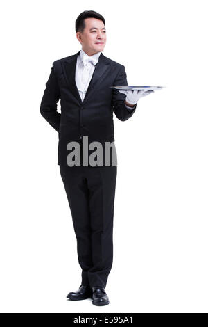 Happy waiter avec plateau de service Banque D'Images