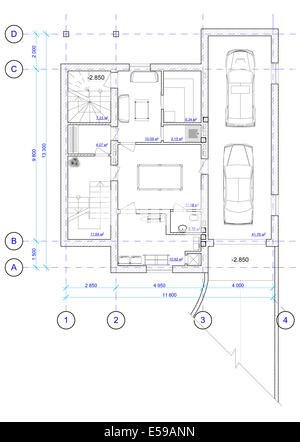 Plan d'architecture noir et blanc de 0 étage de la maison avec un placement de meubles (voir autres étages dans mon portefeuille) Banque D'Images