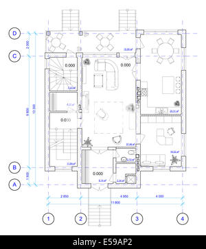 Plan d'architecture noir et blanc de 1 étage de la maison avec un placement de meubles (voir autres étages dans mon portefeuille) Banque D'Images