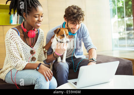 Les amis et le chien working on laptop in office Banque D'Images