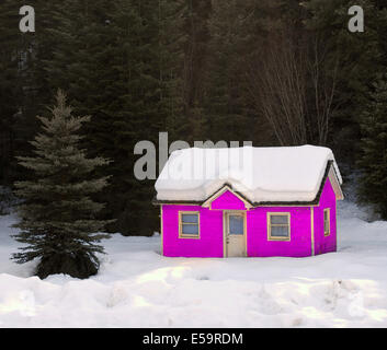 Hiver neige lourde couvrant vieille maison rose à forrest Banque D'Images